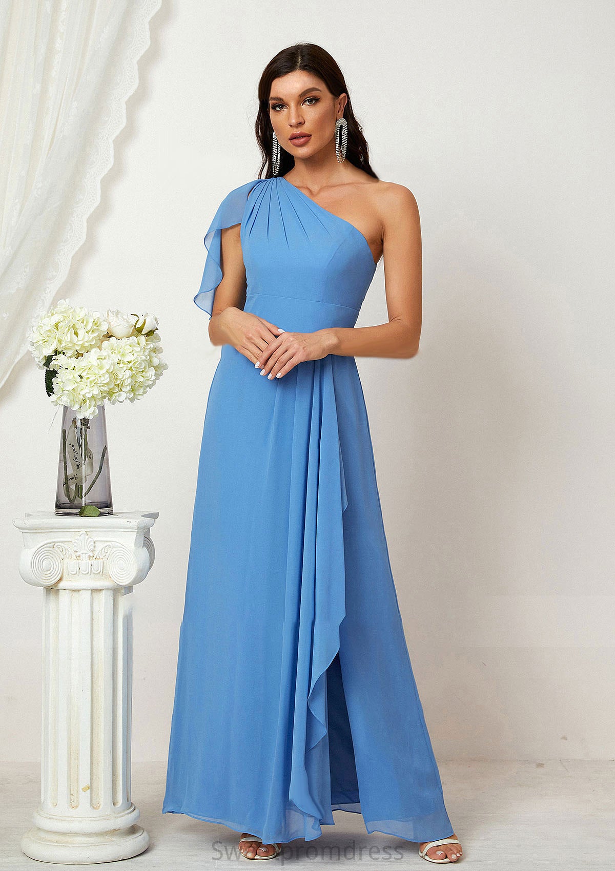 A-line One-Shoulder Sleeveless Chiffon Long/Floor-Length Bridesmaid Dresses With Pleated Split Andrea DHP0025613