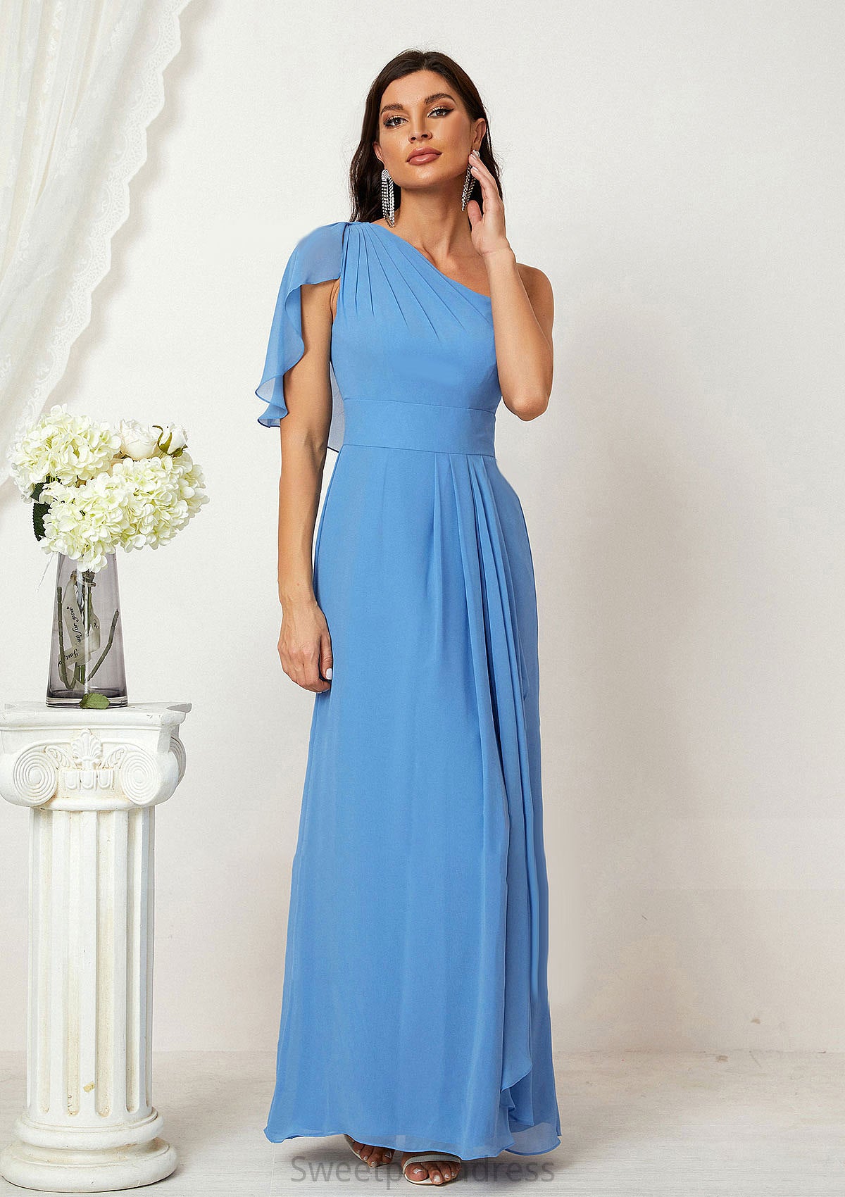 A-line One-Shoulder Sleeveless Chiffon Long/Floor-Length Bridesmaid Dresses With Pleated Split Andrea DHP0025613