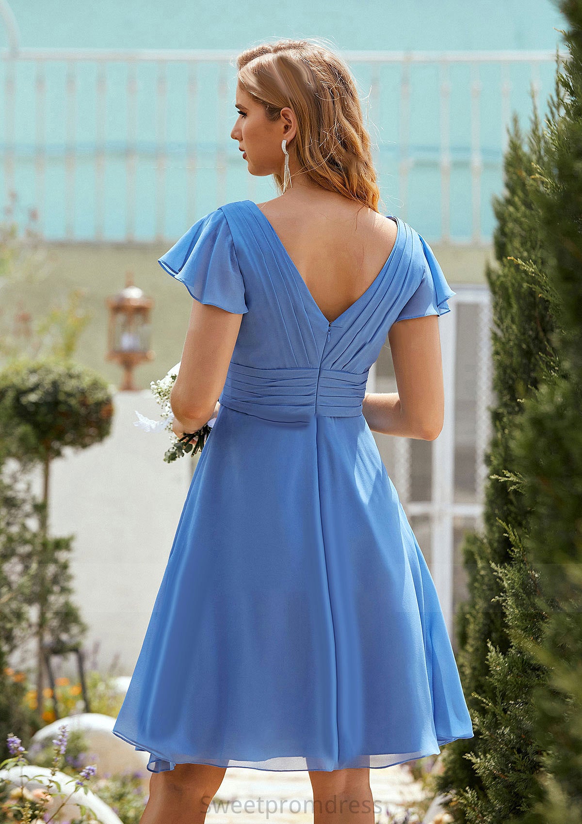 A-line V Neck Short Sleeve Chiffon Short/Mini Bridesmaid Dresses With Pleated Emilia DHP0025614