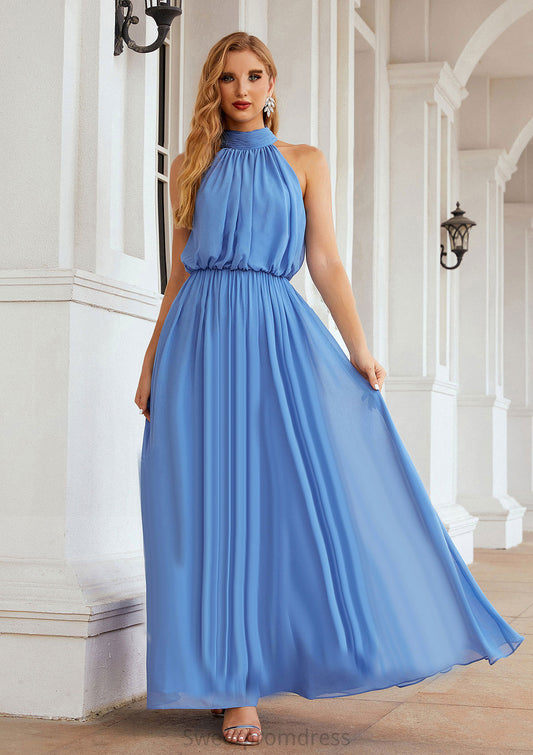 A-line Empire High-Neck Sleeveless Chiffon Long/Floor-Length Bridesmaid Dresses With Pleated Lea DHP0025619