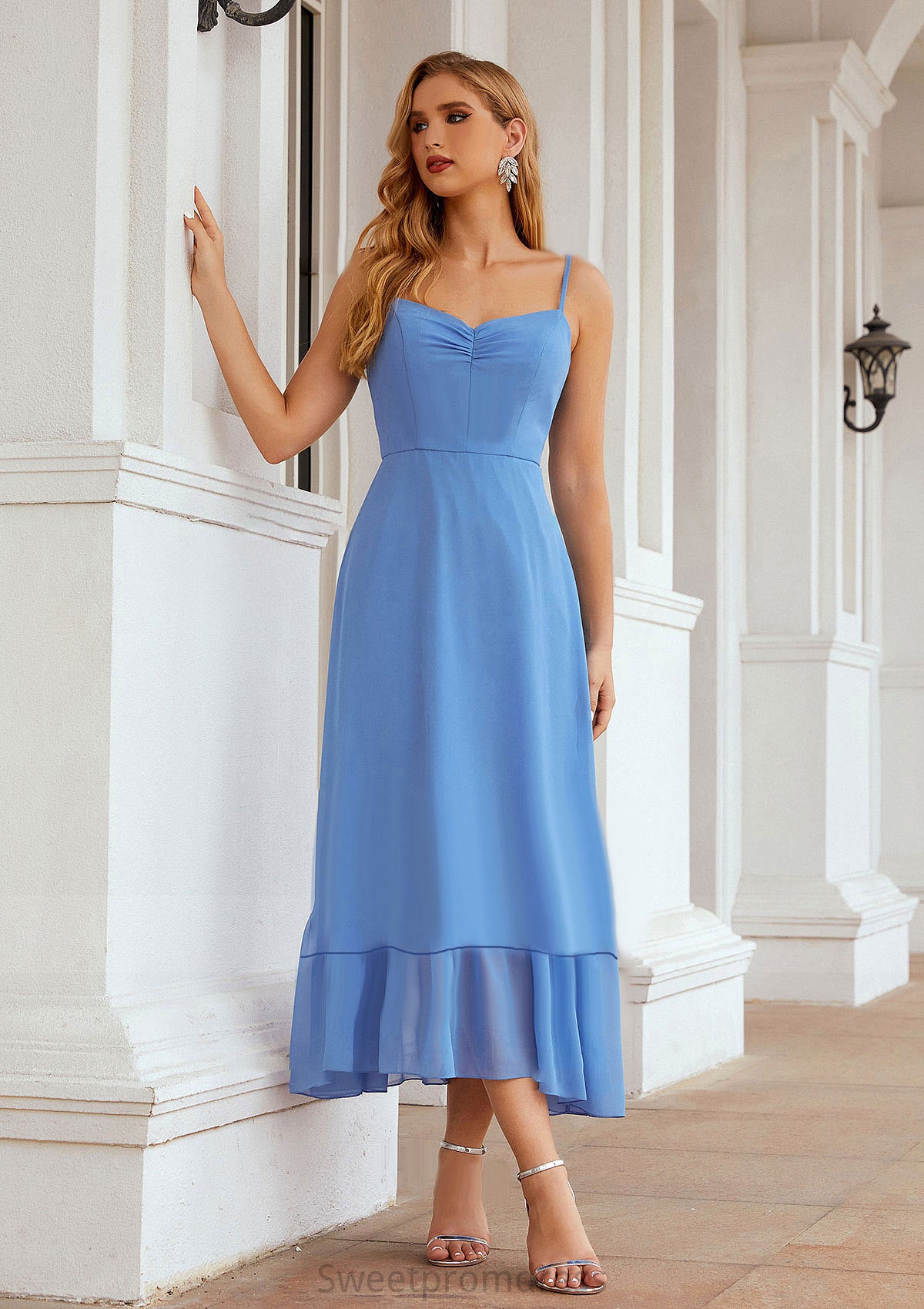 A-line Sweetheart Sleeveless Chiffon Tea-Length Bridesmaid Dresses With Pleated Carla DHP0025620