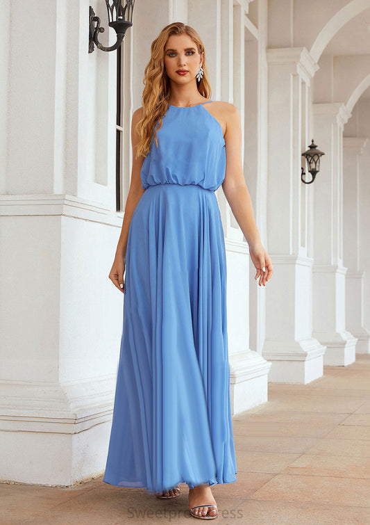 A-line Halter Sleeveless Chiffon Long/Floor-Length Bridesmaid Dresses With Pleated Jocelyn DHP0025621