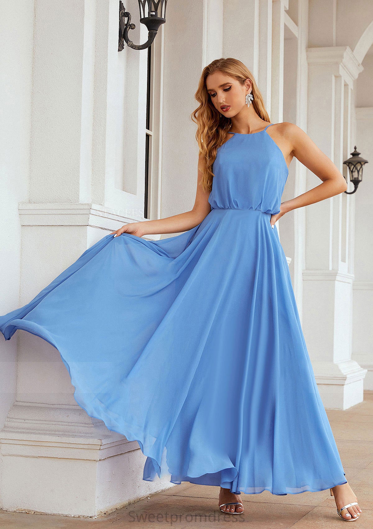 A-line Halter Sleeveless Chiffon Long/Floor-Length Bridesmaid Dresses With Pleated Jocelyn DHP0025621