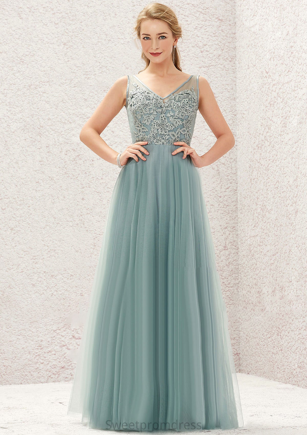 A-line V Neck Sleeveless Tulle Long/Floor-Length Bridesmaid Dresses With Lace Claudia DHP0025628