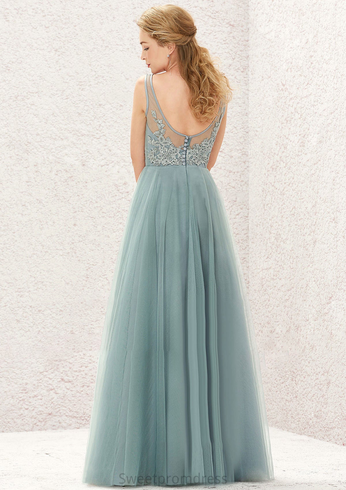 A-line V Neck Sleeveless Tulle Long/Floor-Length Bridesmaid Dresses With Lace Claudia DHP0025628