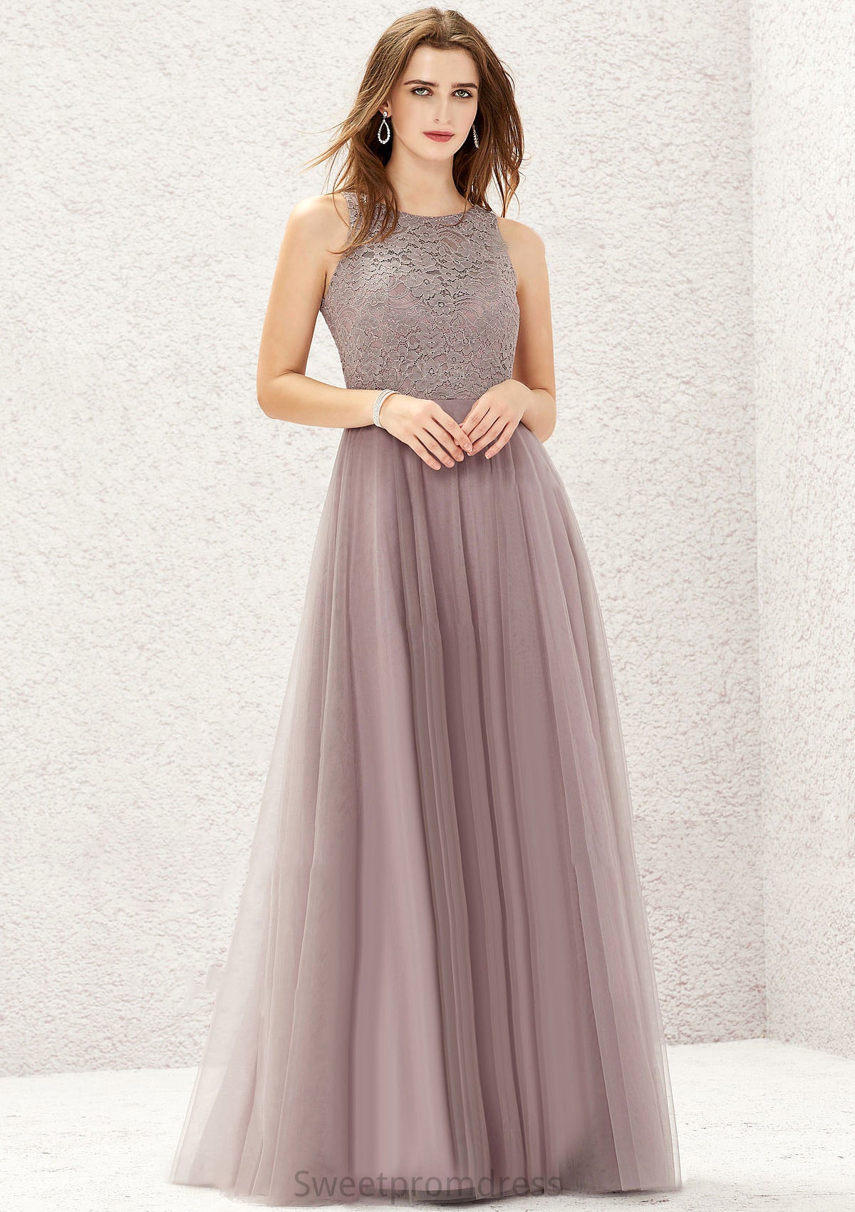 A-line Scoop Neck Sleeveless Lace Tulle Long/Floor-Length Bridesmaid Dresses Terri DHP0025631