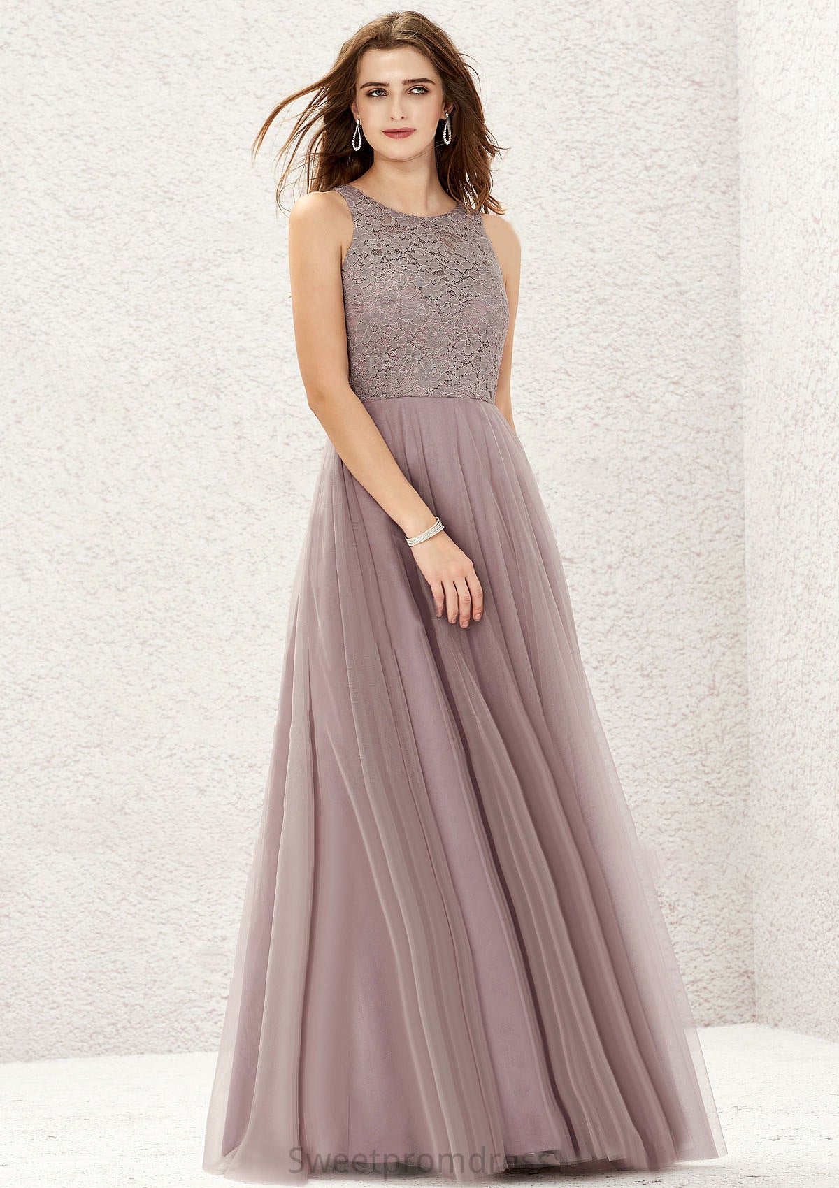 A-line Scoop Neck Sleeveless Lace Tulle Long/Floor-Length Bridesmaid Dresses Terri DHP0025631