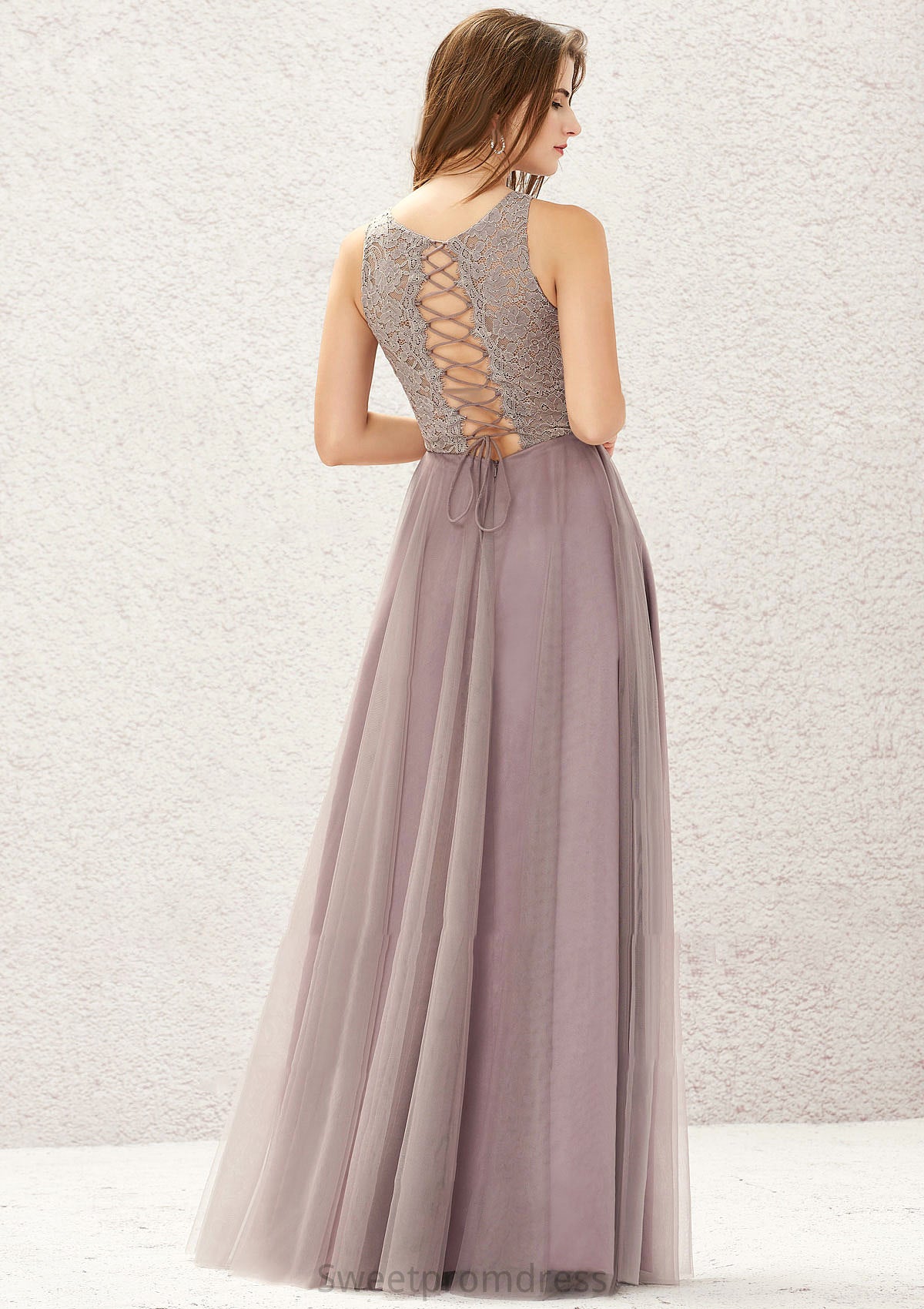 A-line Scoop Neck Sleeveless Lace Tulle Long/Floor-Length Bridesmaid Dresses Terri DHP0025631