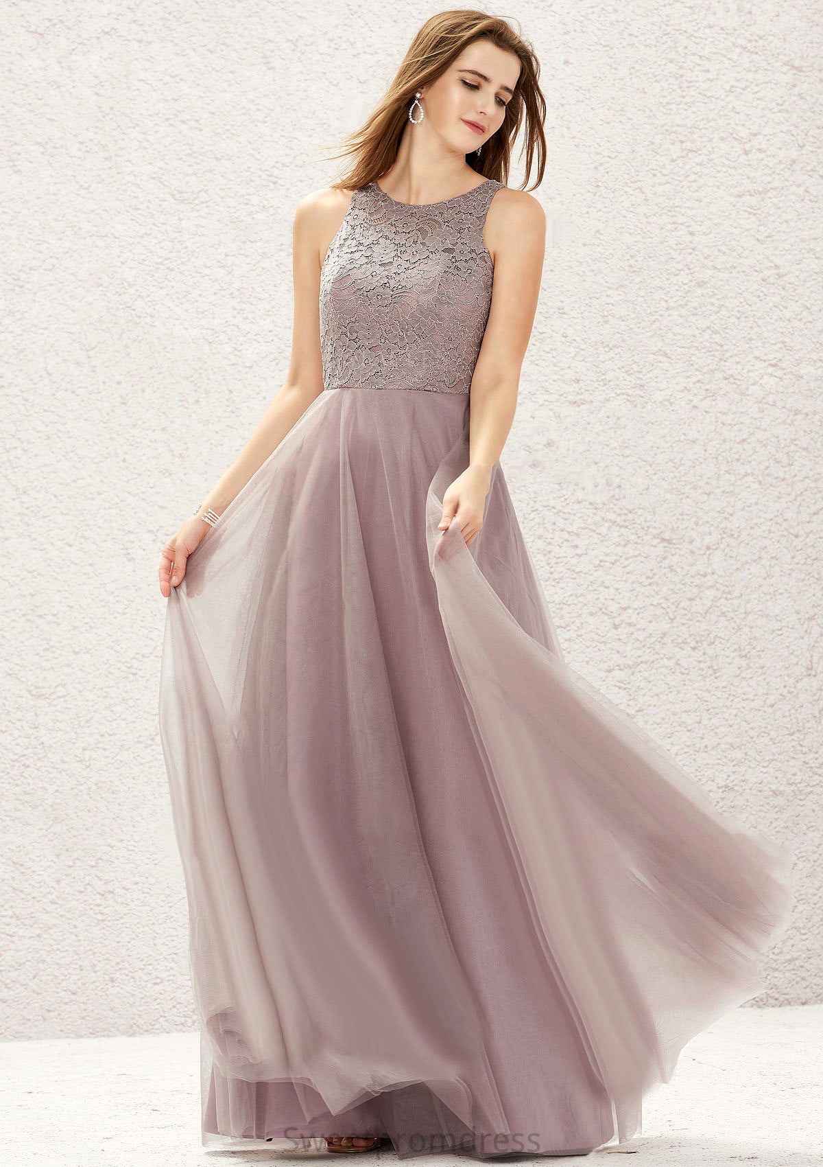 A-line Scoop Neck Sleeveless Lace Tulle Long/Floor-Length Bridesmaid Dresses Terri DHP0025631