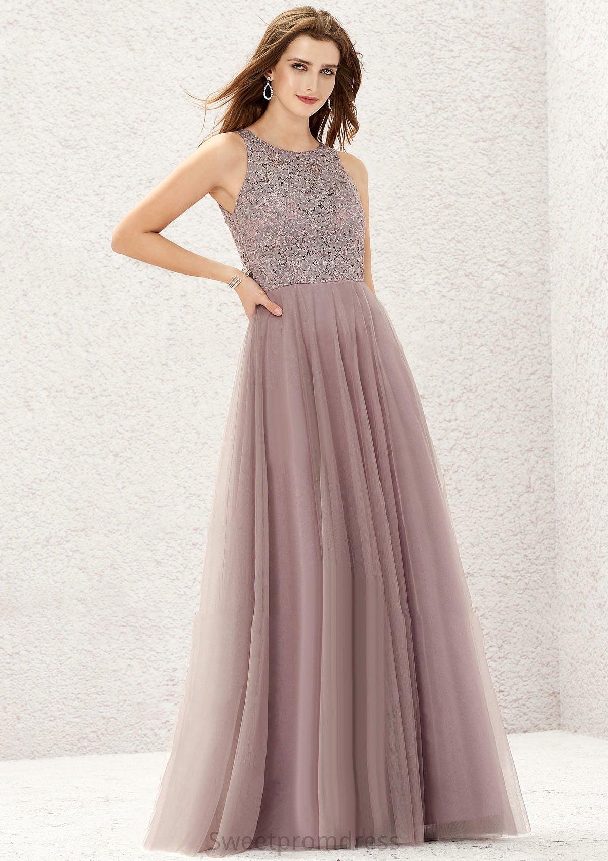 A-line Scoop Neck Sleeveless Lace Tulle Long/Floor-Length Bridesmaid Dresses Terri DHP0025631