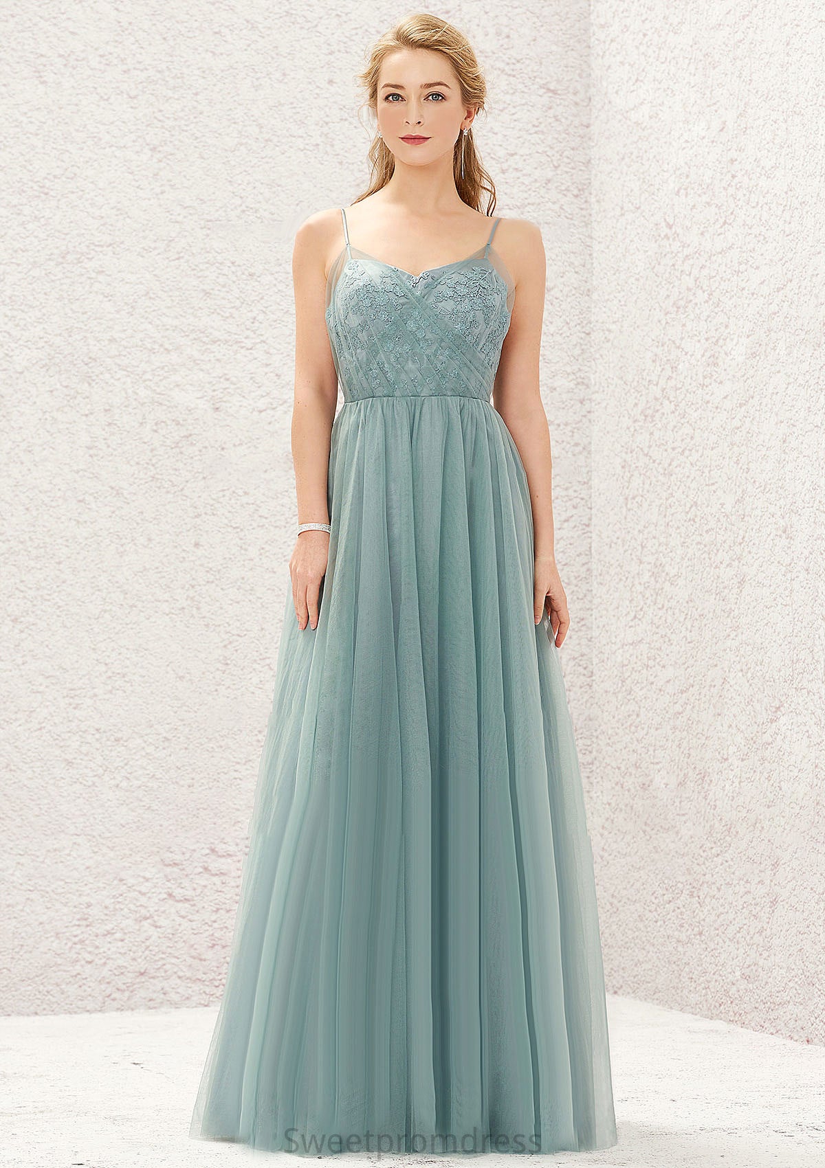 Princess A-line V Neck Sleeveless Tulle Long/Floor-Length Bridesmaid Dresses With Pleated Appliqued Monique DHP0025633