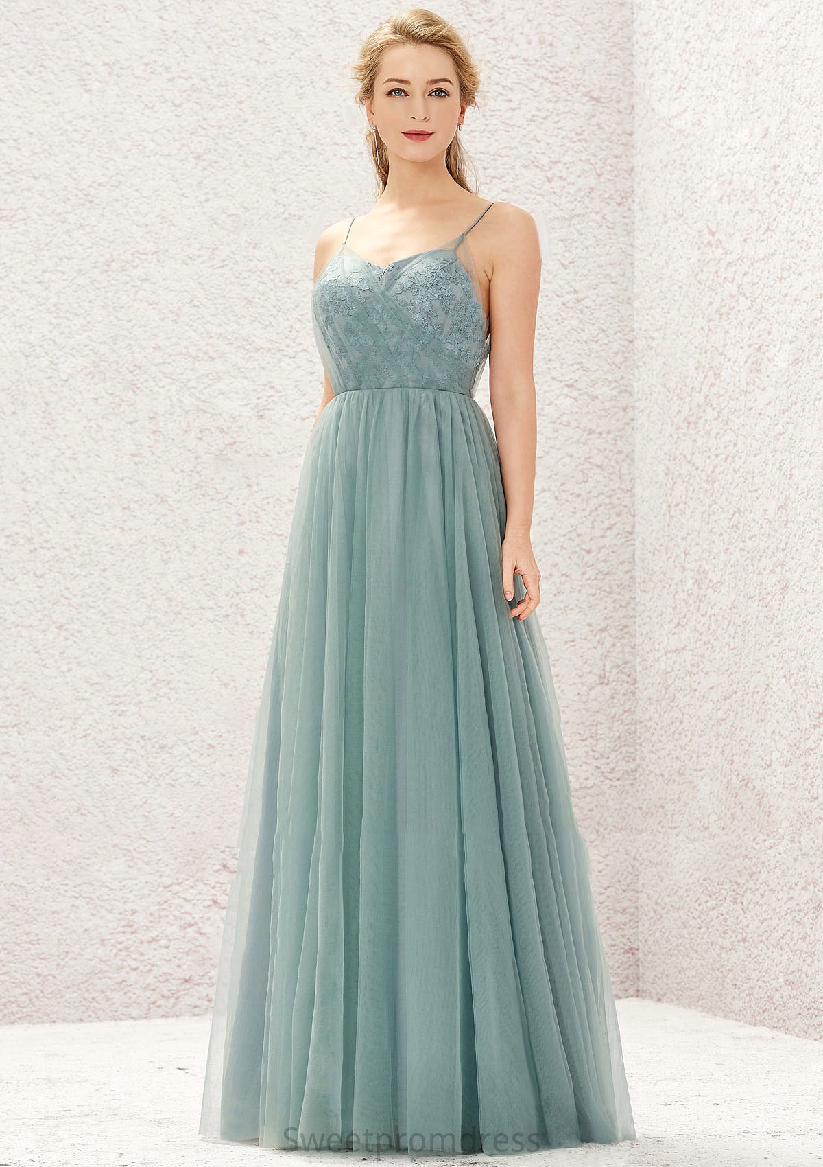 Princess A-line V Neck Sleeveless Tulle Long/Floor-Length Bridesmaid Dresses With Pleated Appliqued Monique DHP0025633