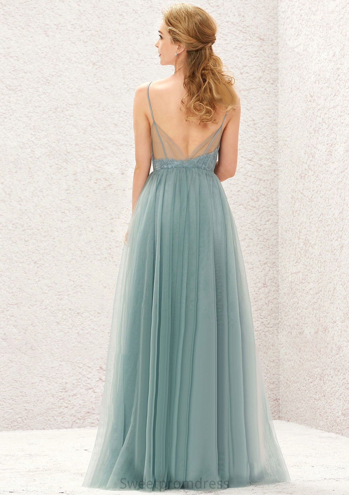 Princess A-line V Neck Sleeveless Tulle Long/Floor-Length Bridesmaid Dresses With Pleated Appliqued Monique DHP0025633