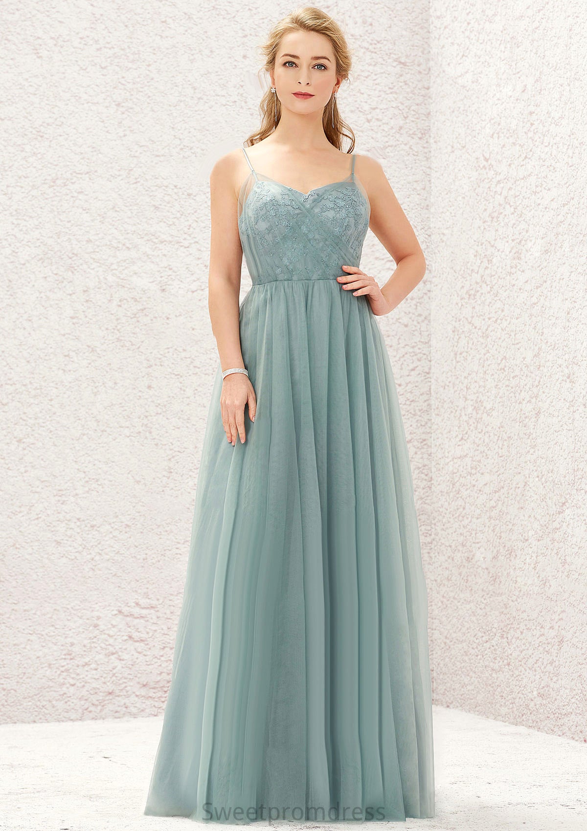 Princess A-line V Neck Sleeveless Tulle Long/Floor-Length Bridesmaid Dresses With Pleated Appliqued Monique DHP0025633