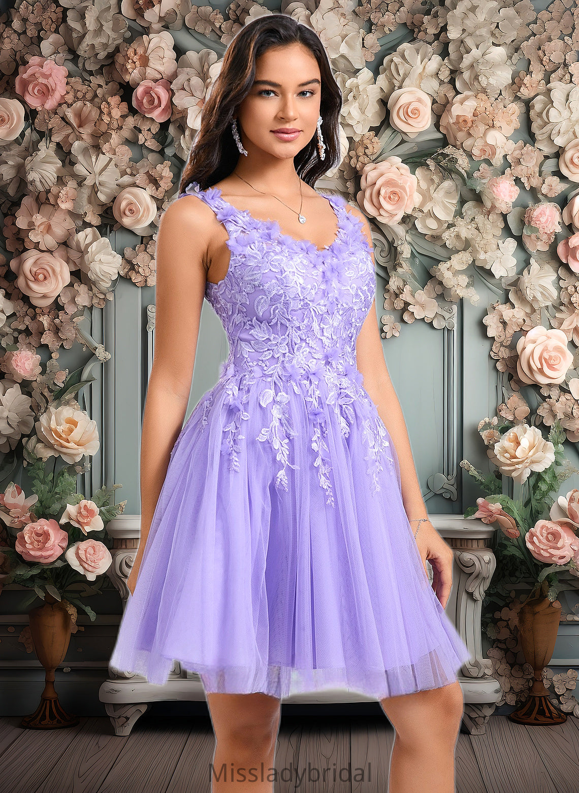 Angelina Ball-Gown/Princess V-Neck Short Lace Tulle Homecoming Dress With Flower DHP0025656