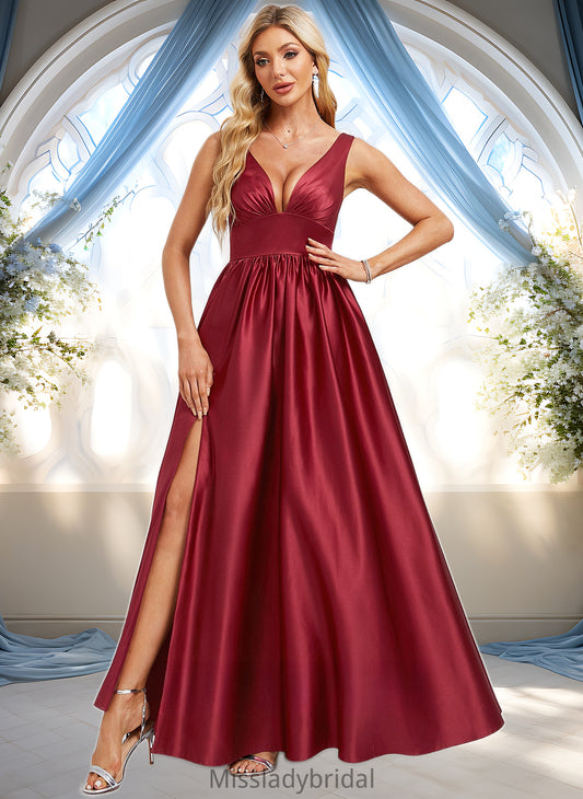 Tamara A-line V-Neck Floor-Length Satin Bridesmaid Dress DHP0025775