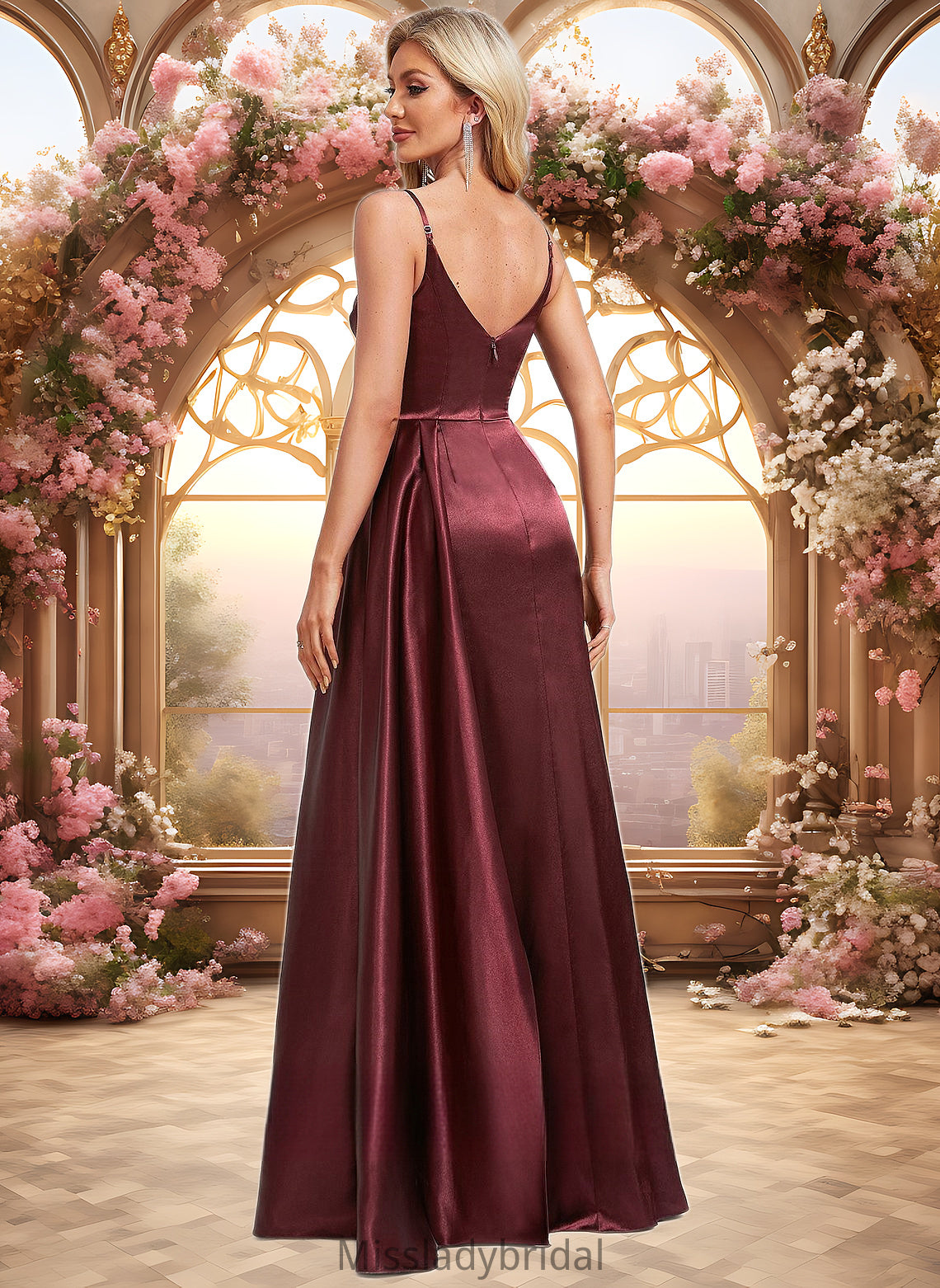 Anya A-line V-Neck Floor-Length Stretch Satin Bridesmaid Dress With Ruffle DHP0025785