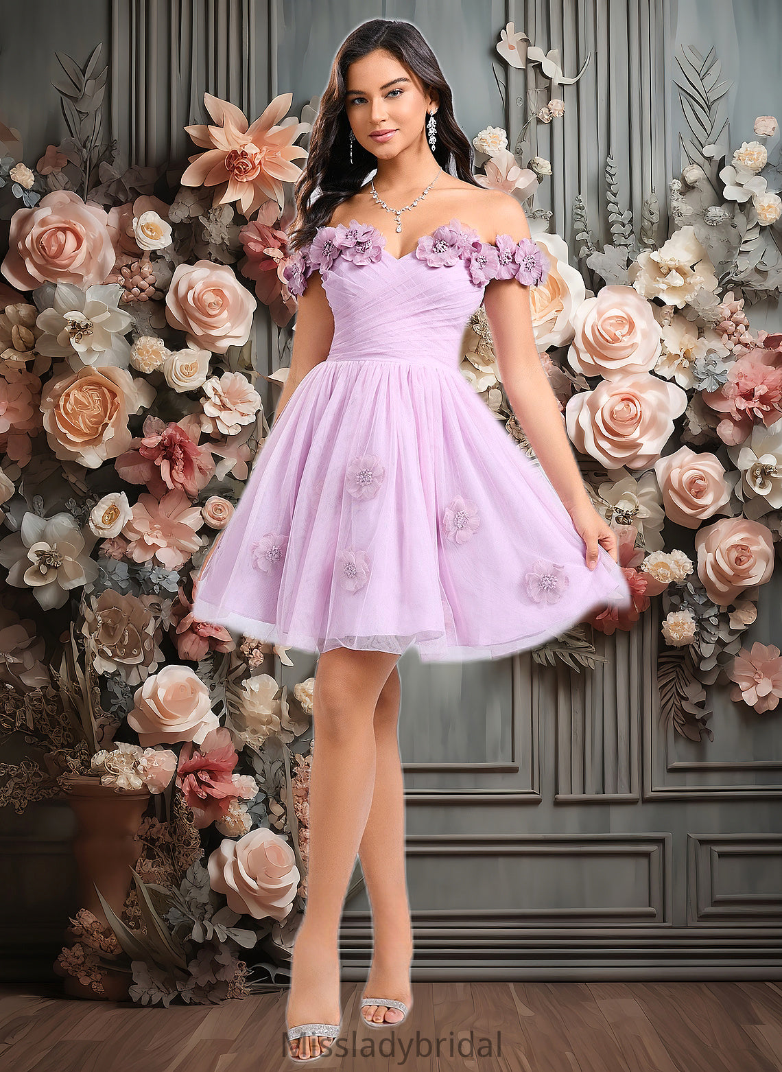 Janet Ball-Gown/Princess Off the Shoulder Short Tulle Homecoming Dress With Pleated Flower DHP0025668