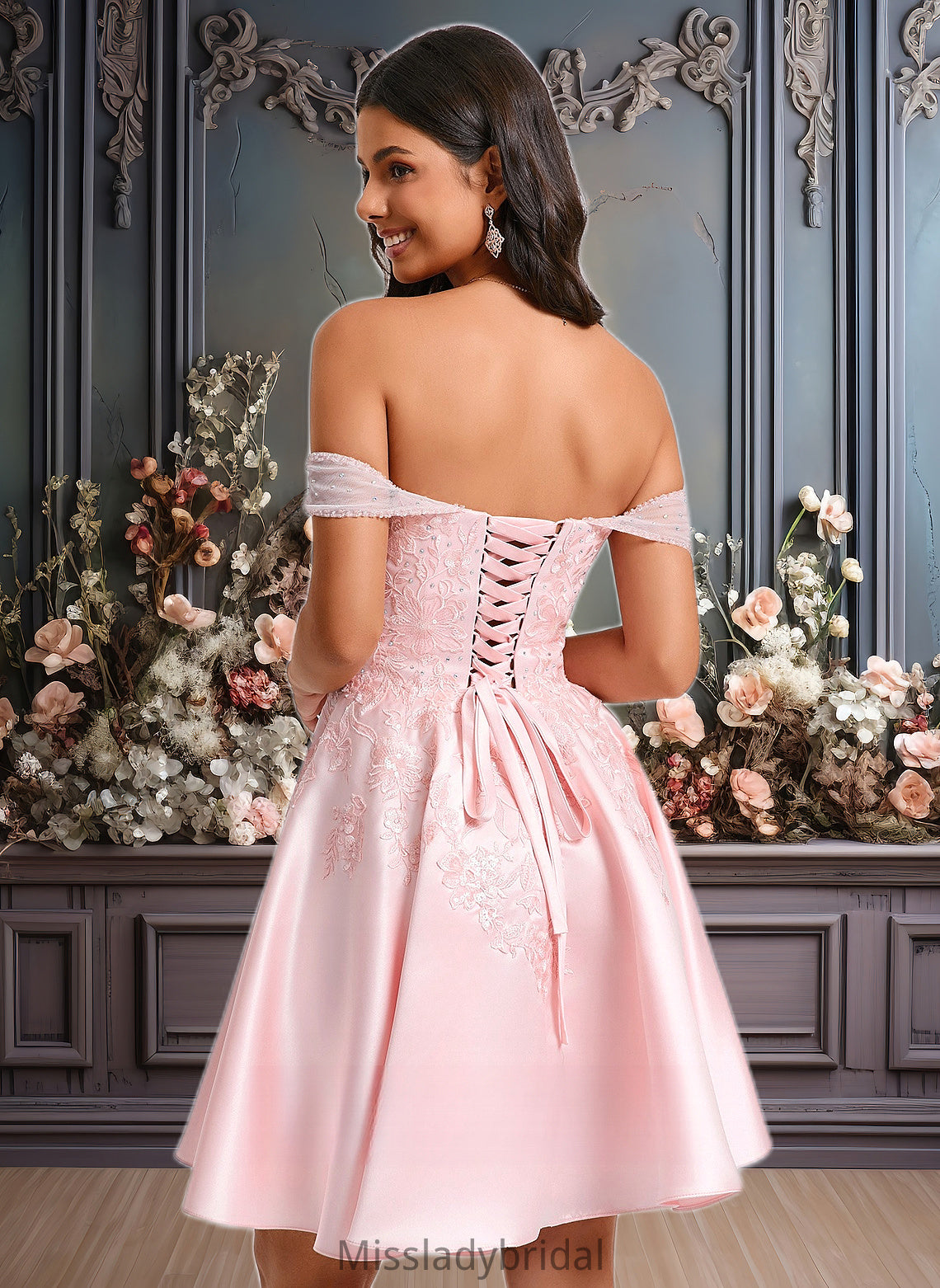 Jane A-line Off the Shoulder Short Satin Homecoming Dress With Rhinestone Beading Appliques Lace DHP0025679