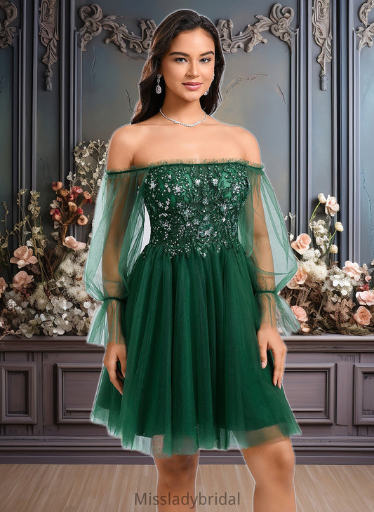 Kelsey A-line Off the Shoulder Short Tulle Homecoming Dress With Sequins Appliques Lace DHP0025663