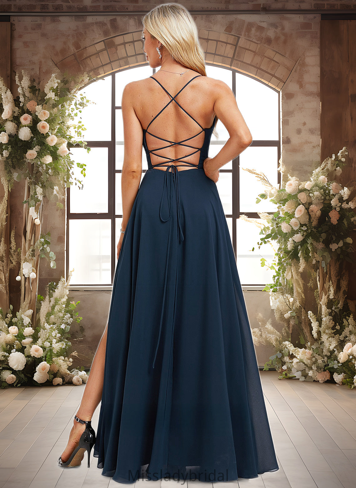 Joanna A-line V-Neck Floor-Length Chiffon Prom Dresses With Pleated DHP0025830