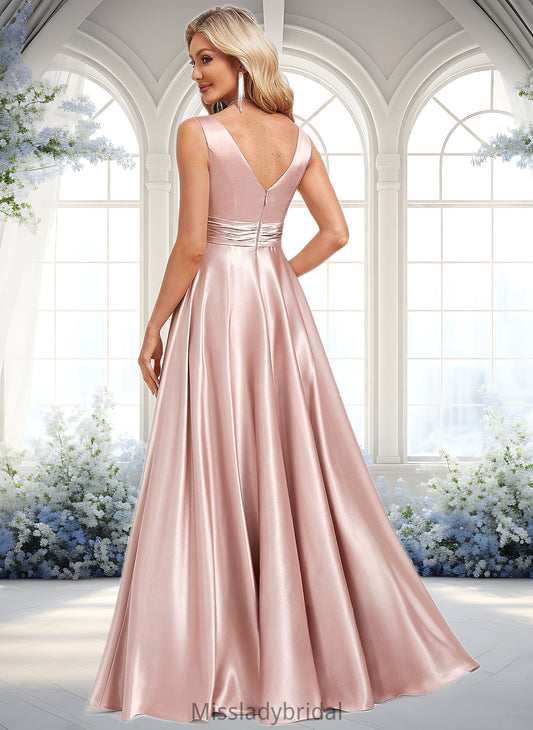 Kailyn A-line V-Neck Floor-Length Stretch Satin Bridesmaid Dress DHP0025779