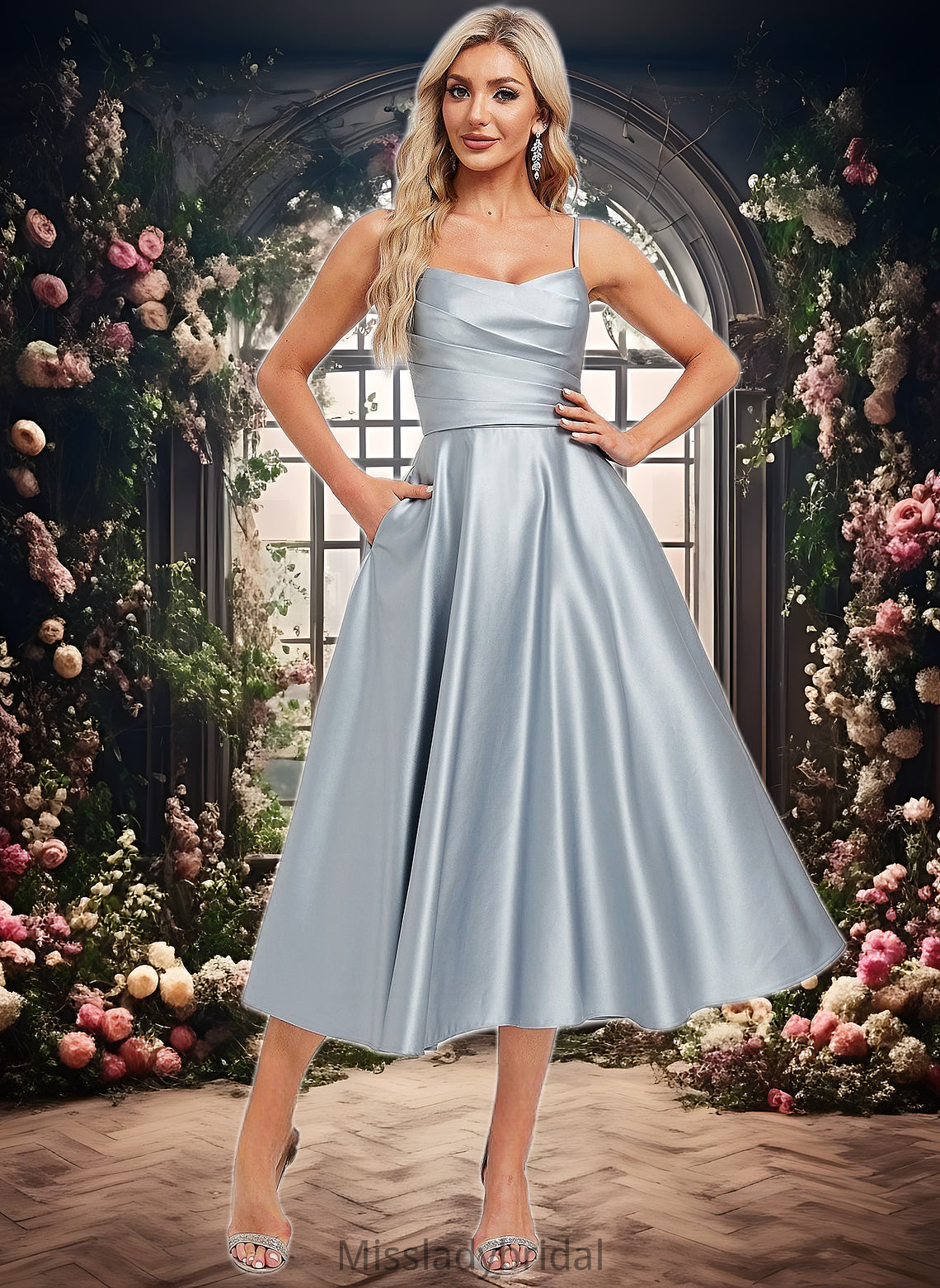 Baylee A-line V-Neck Tea-Length Satin Bridesmaid Dress DHP0025794