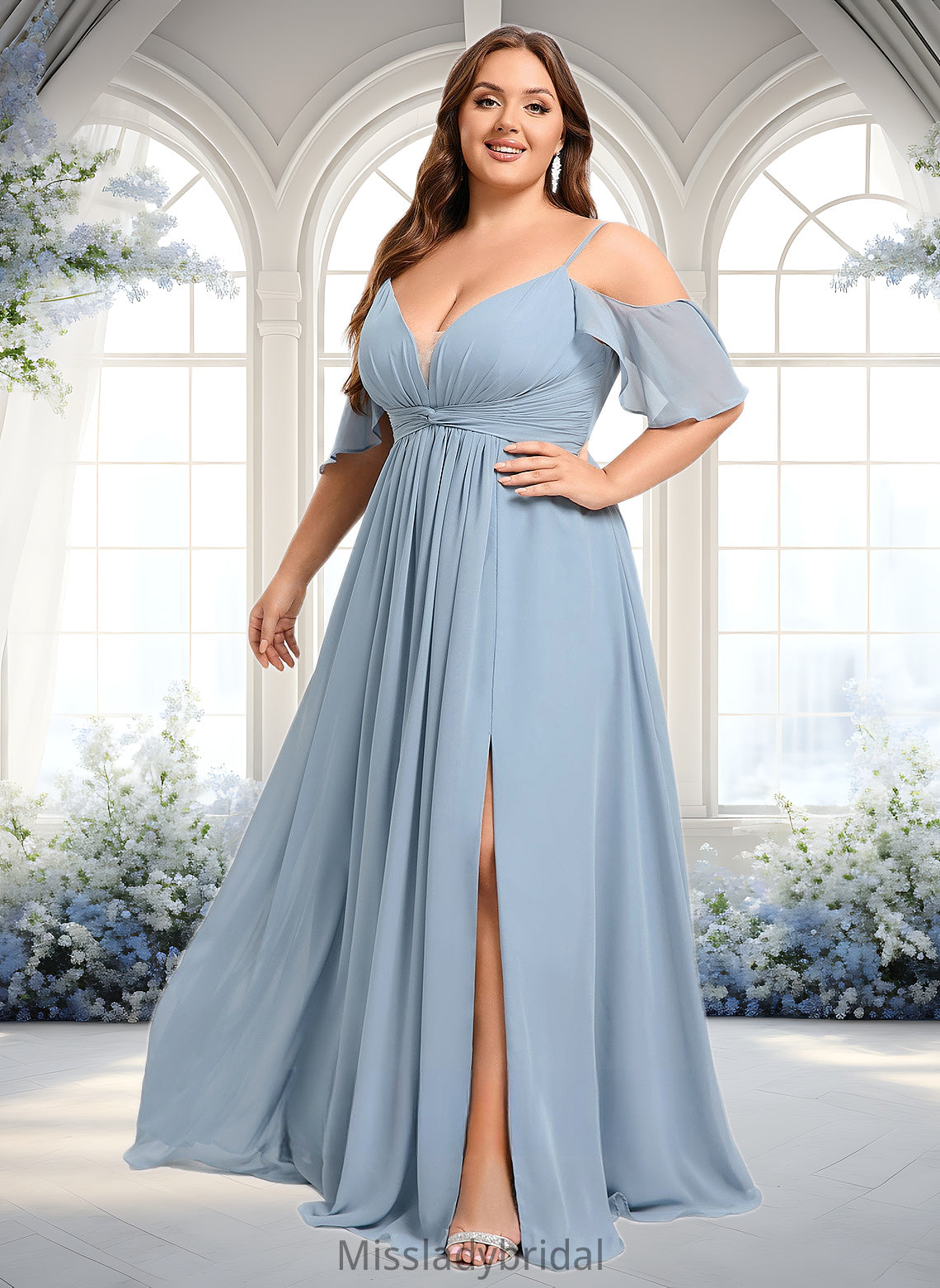 Mckenzie A-line Cold Shoulder Floor-Length Chiffon Bridesmaid Dress With Ruffle DHP0025797