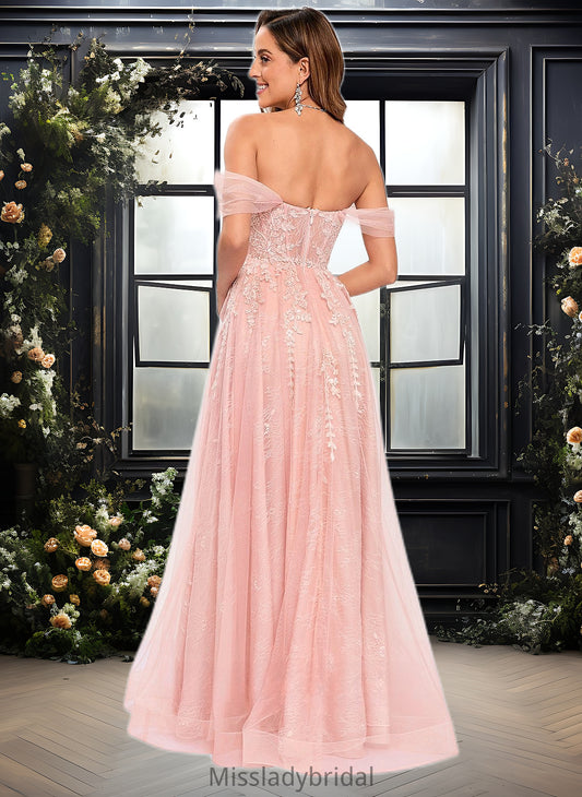 Rita A-line Sweetheart Off the Shoulder Floor-Length Tulle Floral Lace Prom Dresses With Appliques Lace DHP0025870