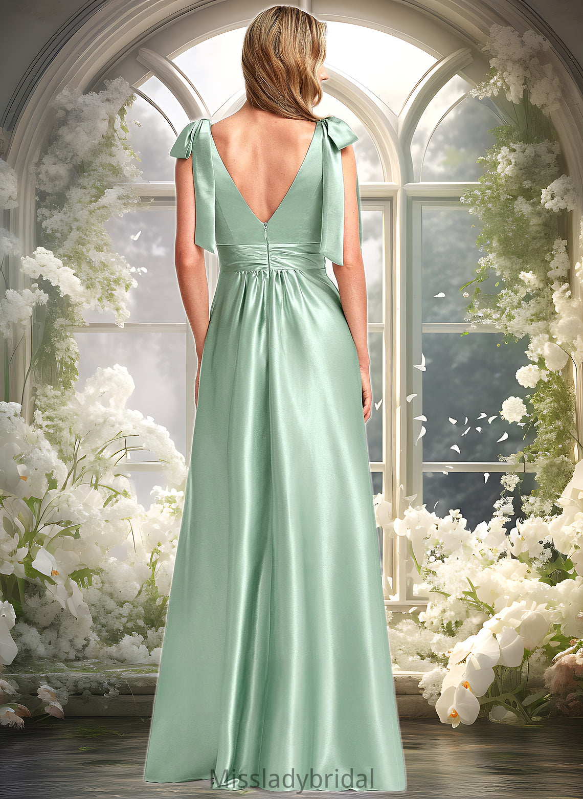 Leslie A-line V-Neck Floor-Length Stretch Satin Bridesmaid Dress With Bow DHP0025737