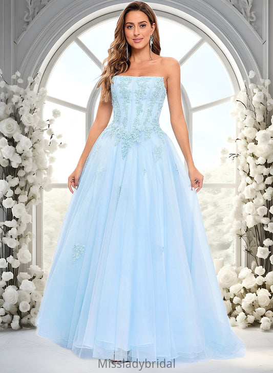 Henrietta Ball-Gown/Princess Straight Sweep Train Tulle Prom Dresses With Sequins Appliques Lace DHP0025864