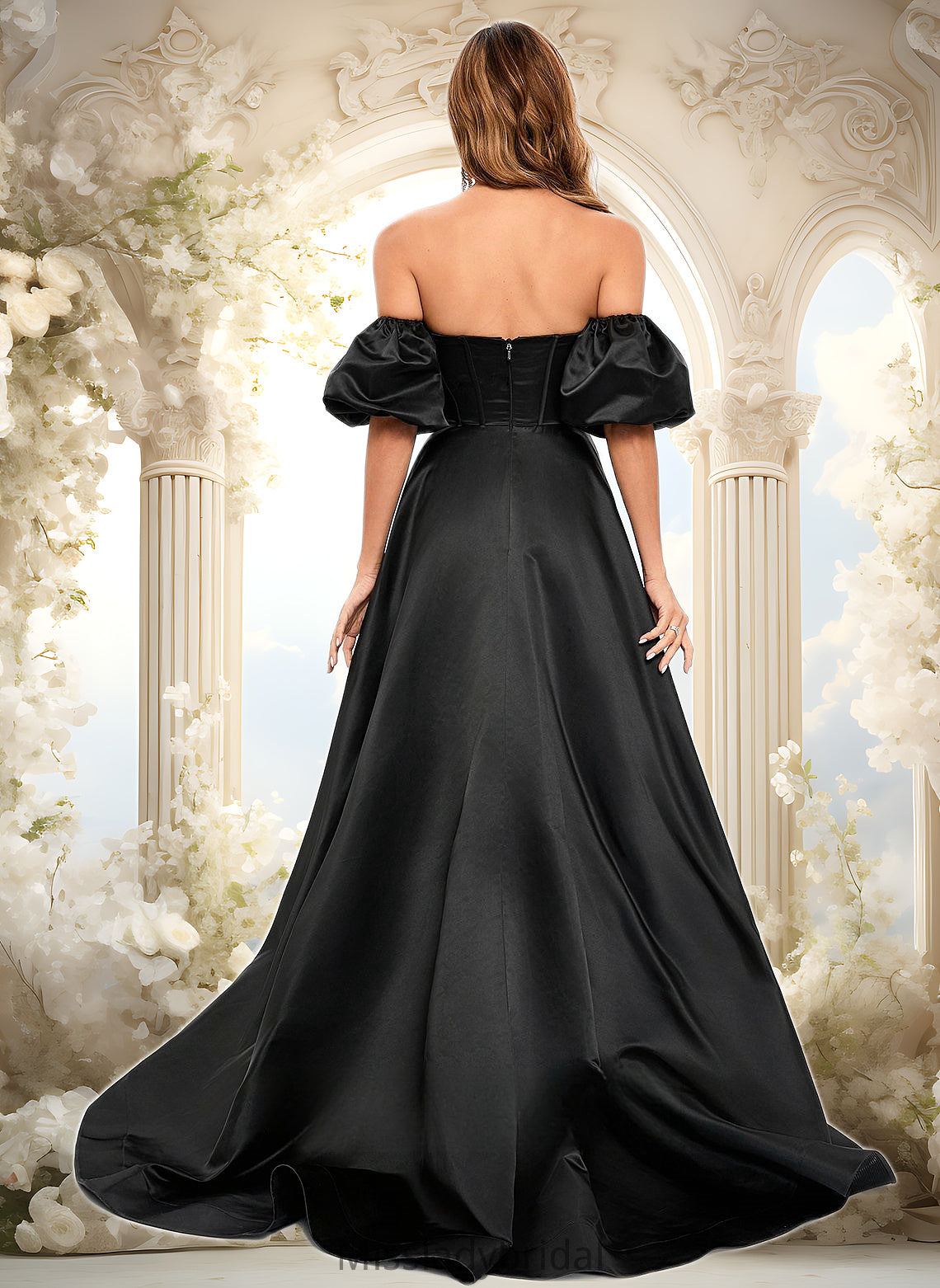 Nancy A-line V-Neck Sweep Train Satin Prom Dresses DHP0025842