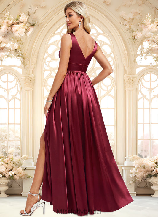 Nevaeh A-line V-Neck Floor-Length Stretch Satin Bridesmaid Dress DHP0025771