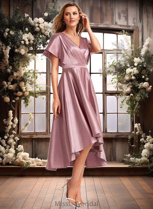 Carly A-line V-Neck Asymmetrical Stretch Satin Bridesmaid Dress DHP0025752