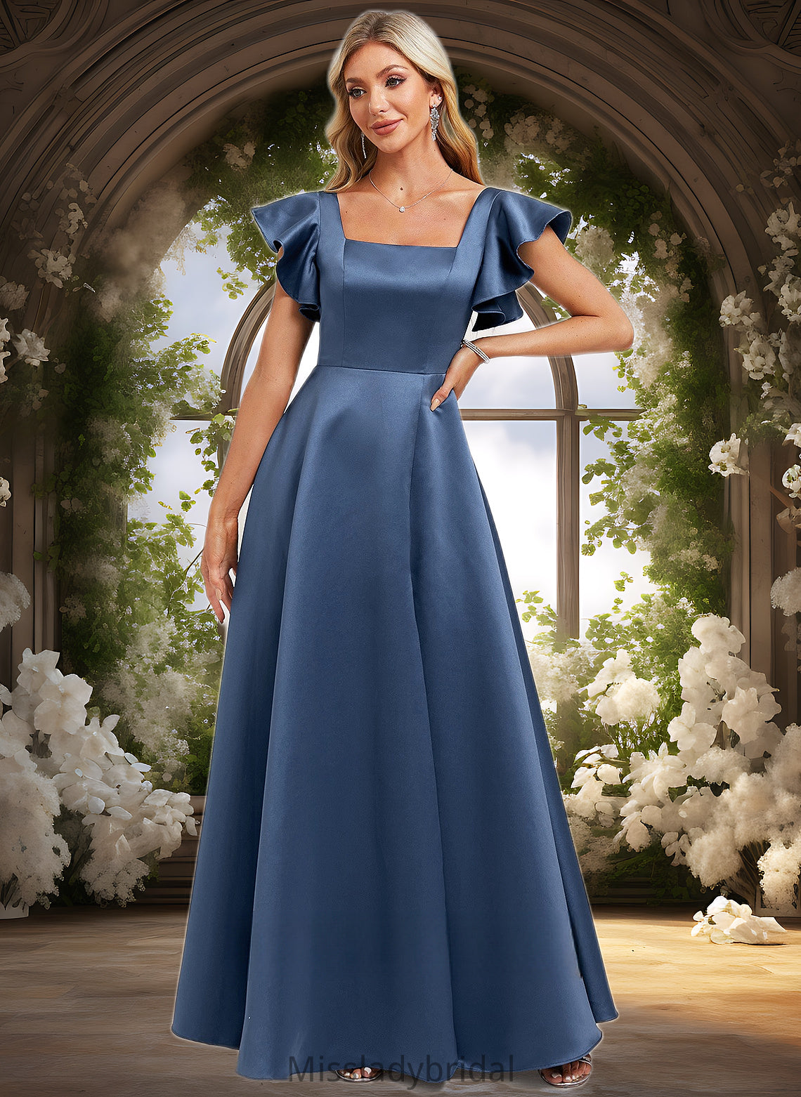 Brenda A-line Square Floor-Length Satin Bridesmaid Dress With Ruffle DHP0025774