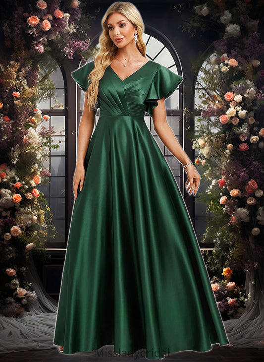 Makayla A-line V-Neck Floor-Length Satin Bridesmaid Dress With Ruffle DHP0025777