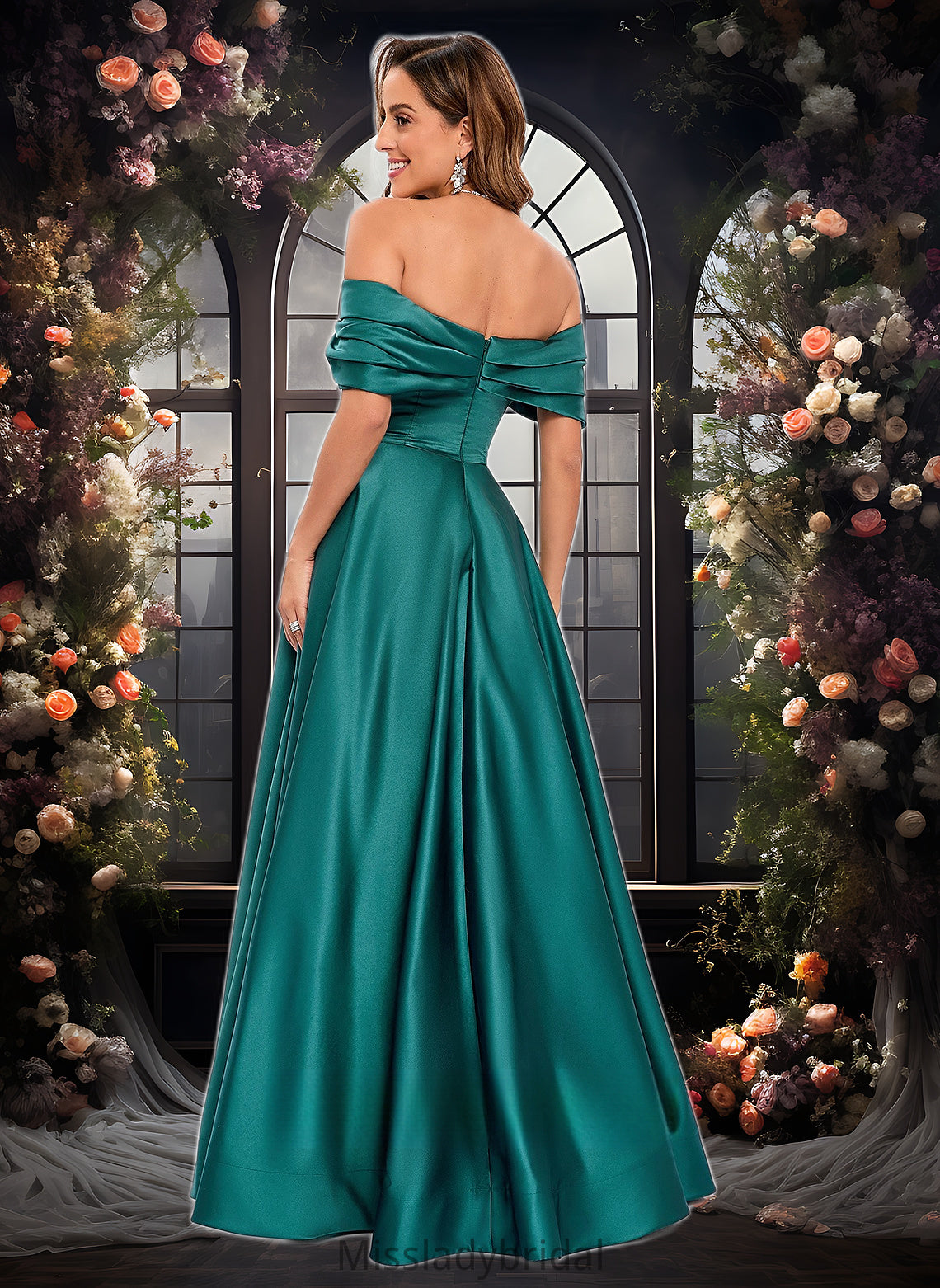 Gwendoline A-line Off the Shoulder Floor-Length Satin Prom Dresses With Pleated DHP0025851