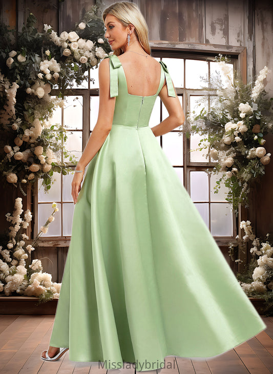 Monica A-line Square Floor-Length Satin Bridesmaid Dress With Bow DHP0025778