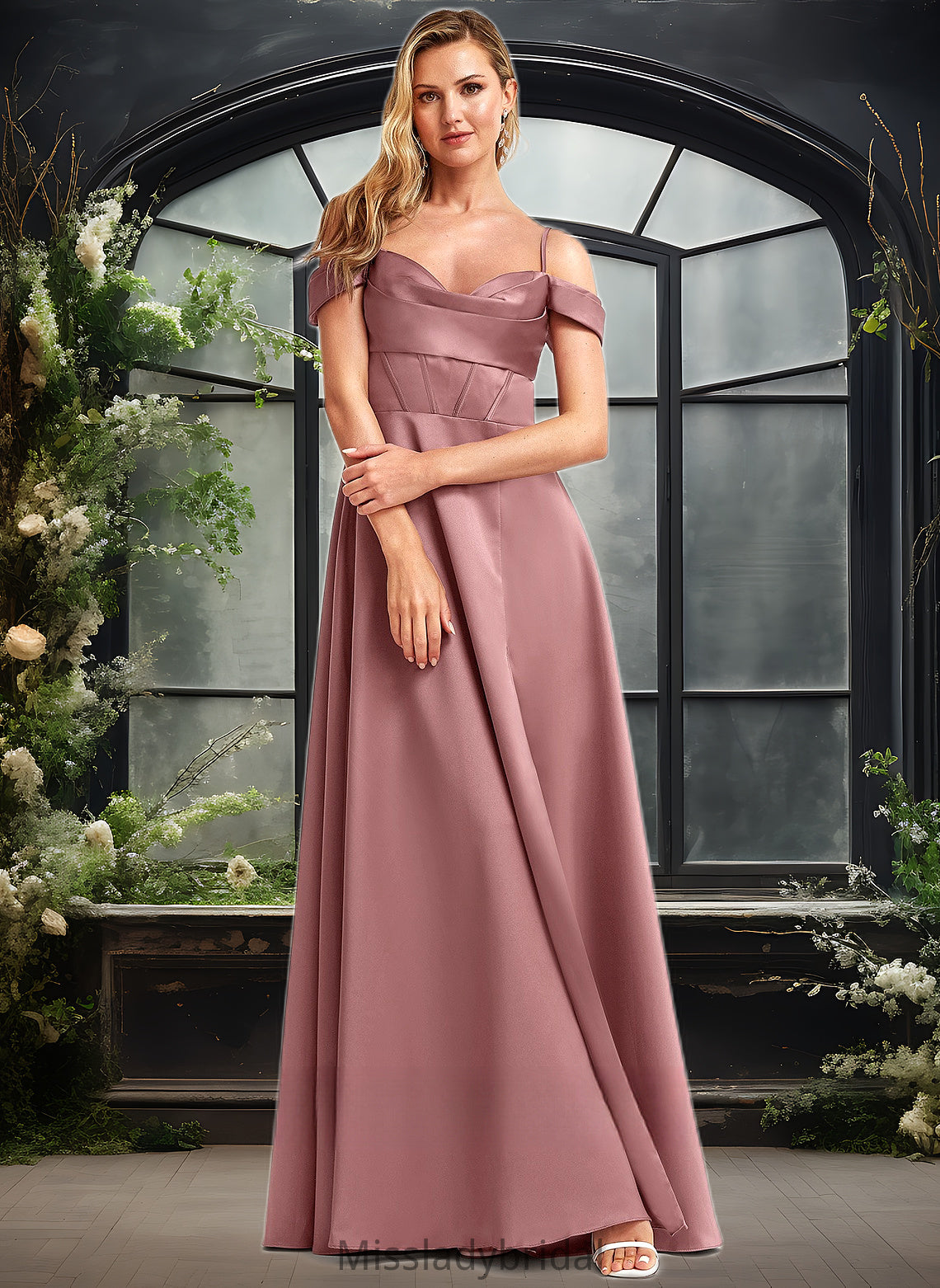 Pru A-line Cold Shoulder Floor-Length Satin Bridesmaid Dress DHP0025750