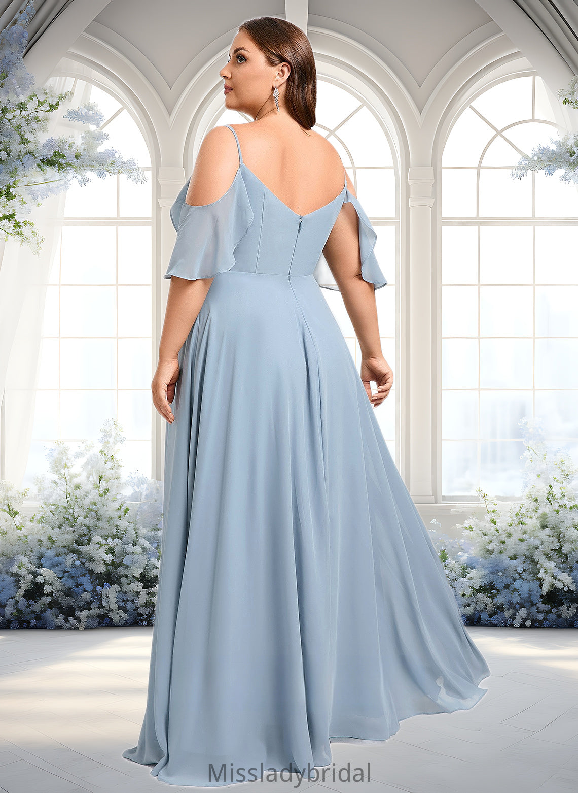 Mckenzie A-line Cold Shoulder Floor-Length Chiffon Bridesmaid Dress With Ruffle DHP0025797