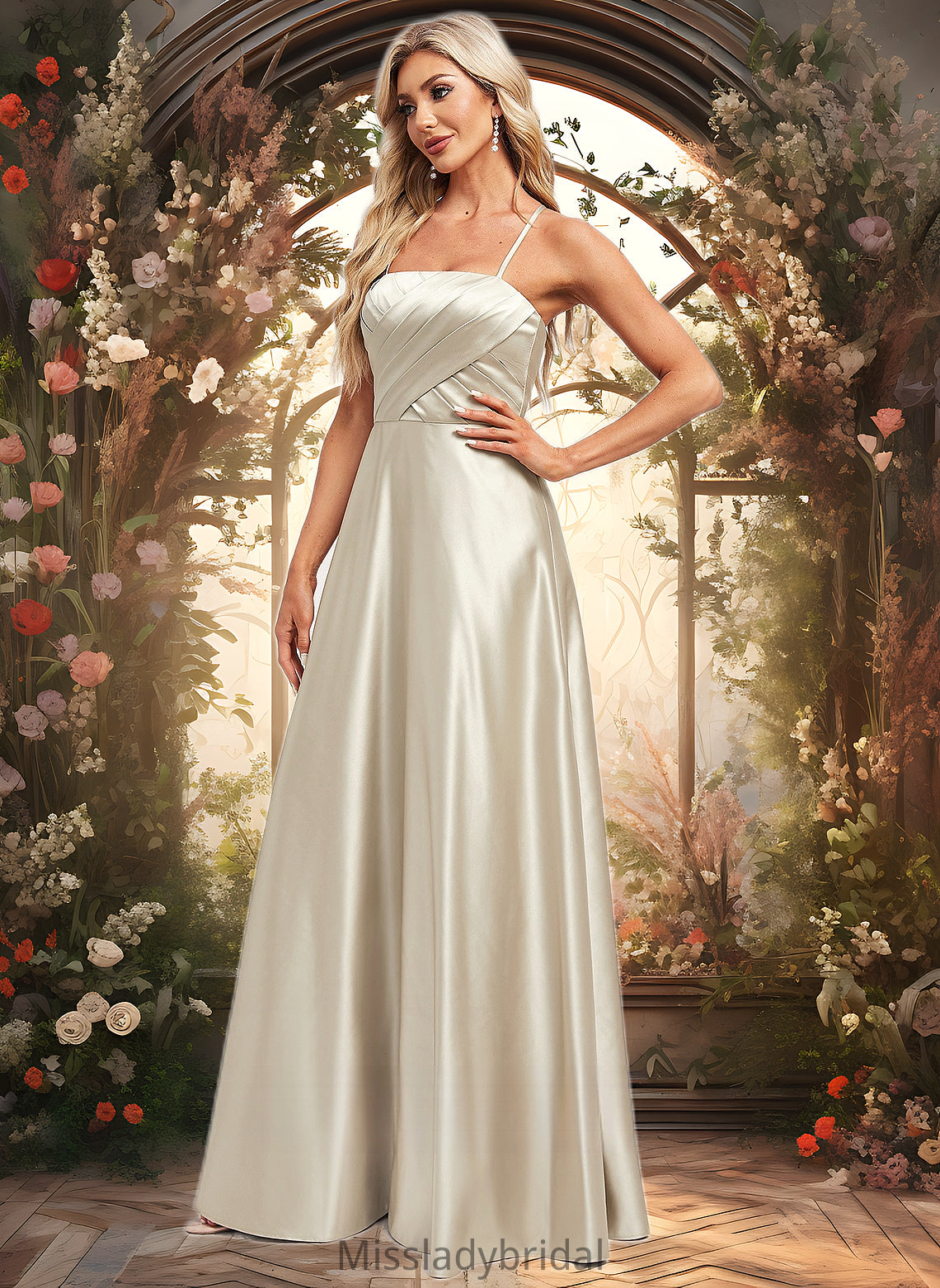 Kamari A-line Square Floor-Length Satin Bridesmaid Dress DHP0025789