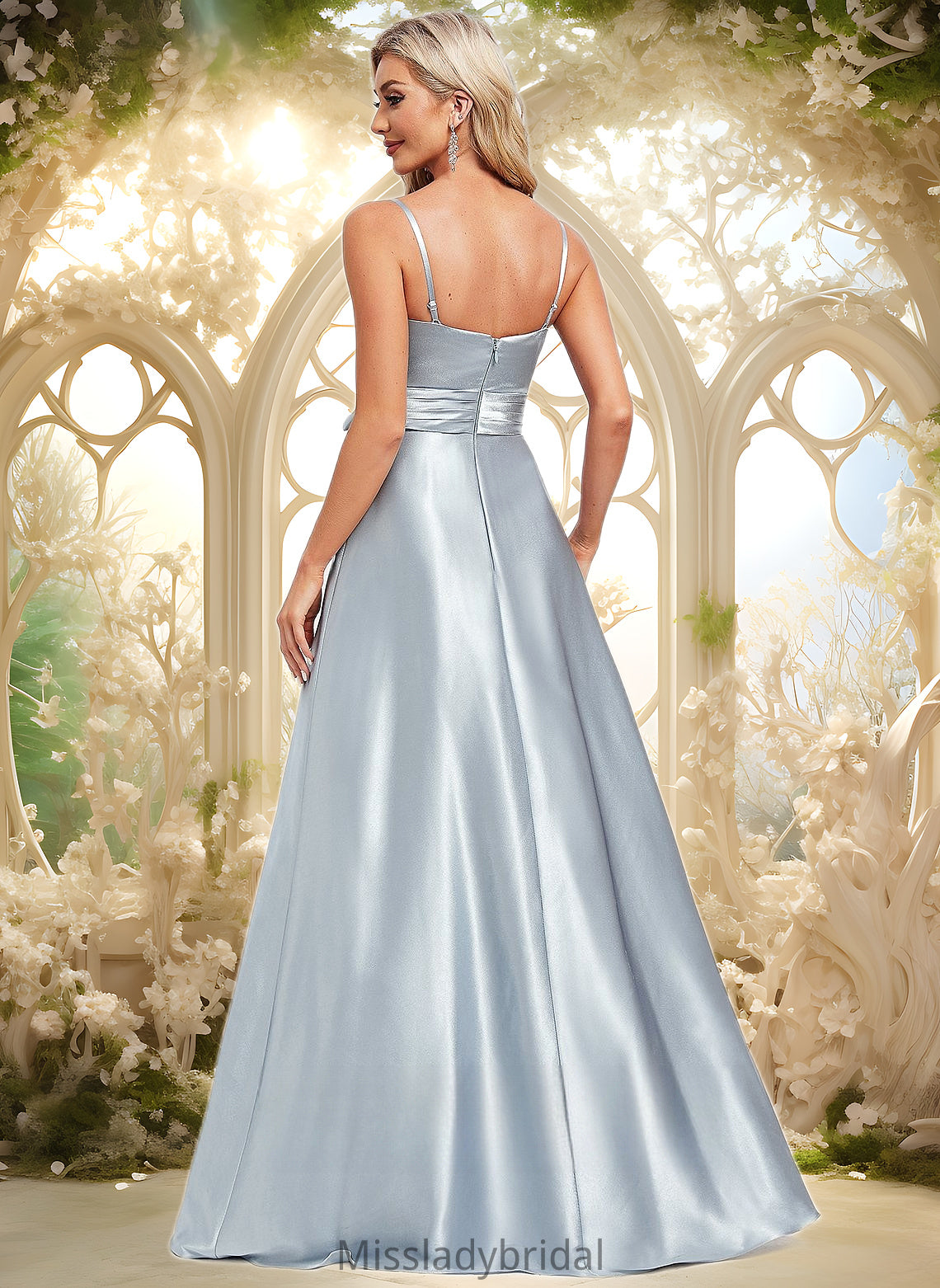 Kiera A-line V-Neck Floor-Length Stretch Satin Bridesmaid Dress DHP0025795