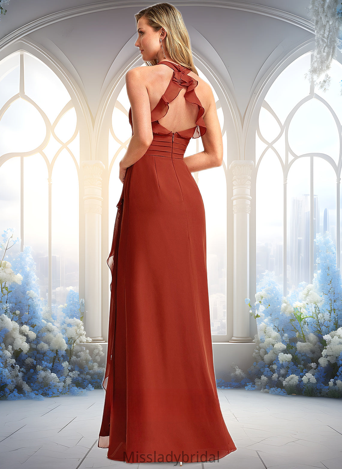 Vivian A-line V-Neck Floor-Length Chiffon Bridesmaid Dress With Ruffle DHP0025754