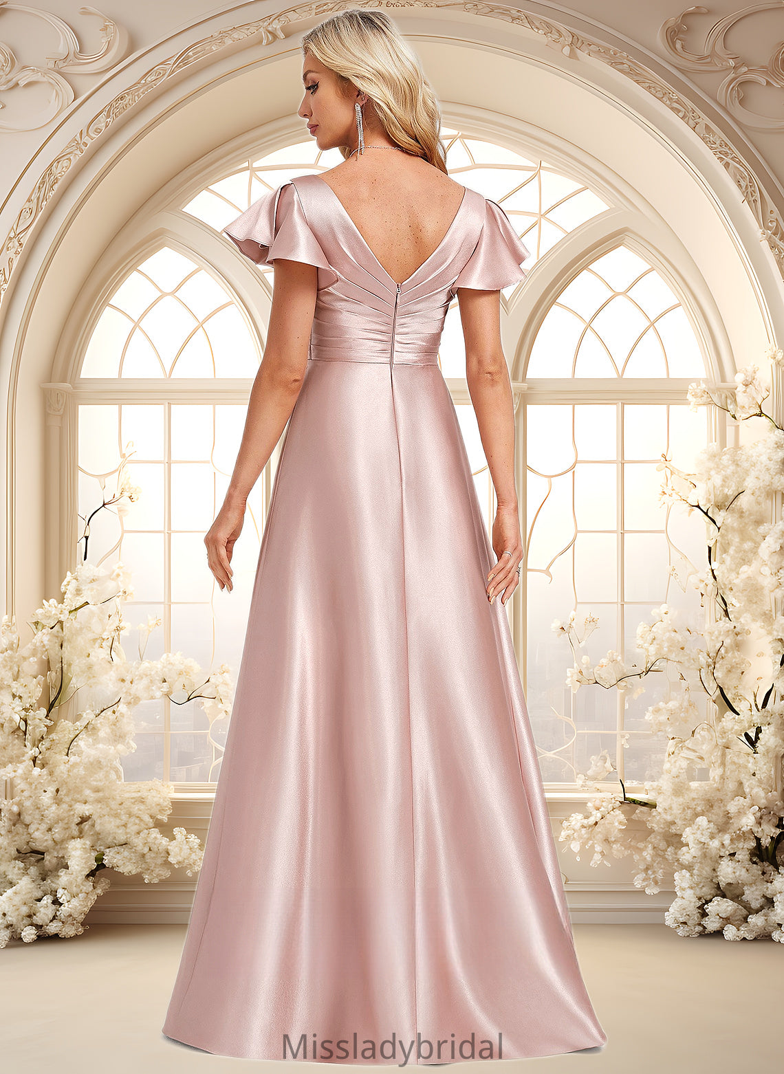 Jennifer A-line V-Neck Floor-Length Stretch Satin Bridesmaid Dress With Ruffle DHP0025787