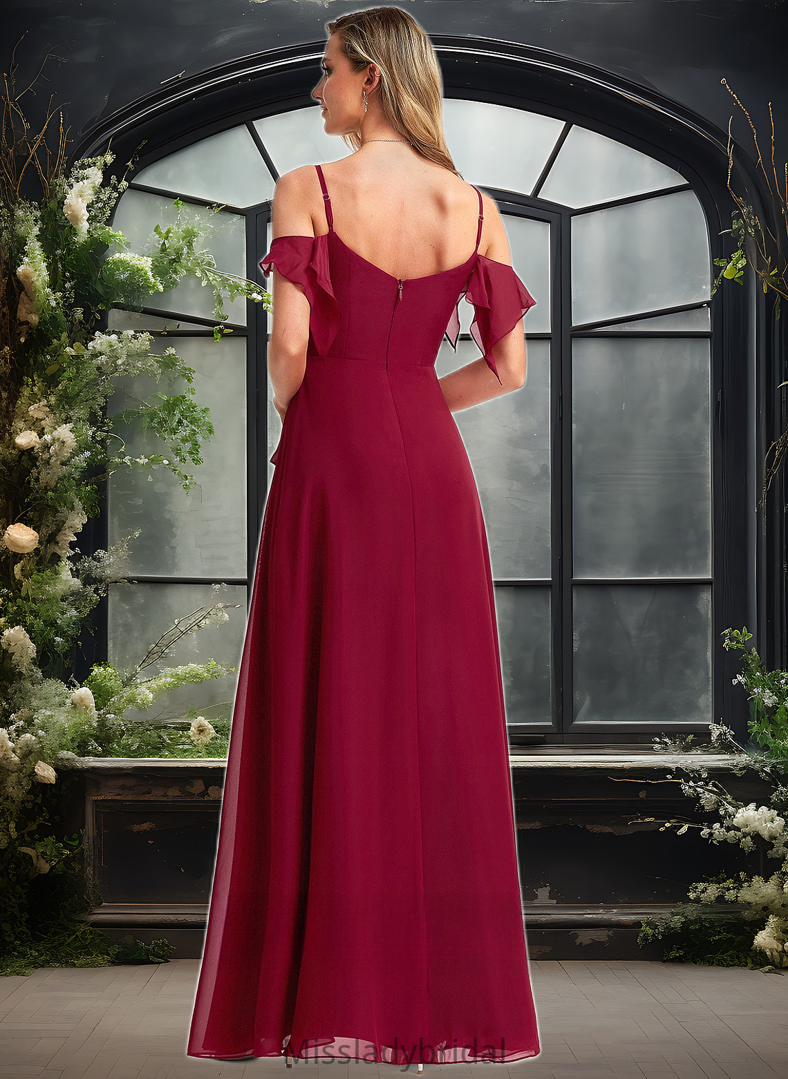 Emery A-line Cold Shoulder Floor-Length Chiffon Bridesmaid Dress With Ruffle DHP0025755