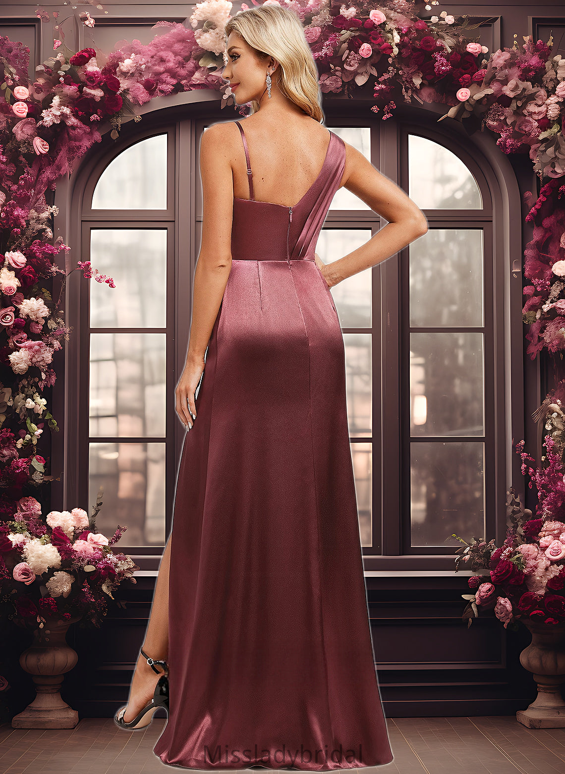 Miranda A-line Asymmetrical Floor-Length Stretch Satin Bridesmaid Dress DHP0025828