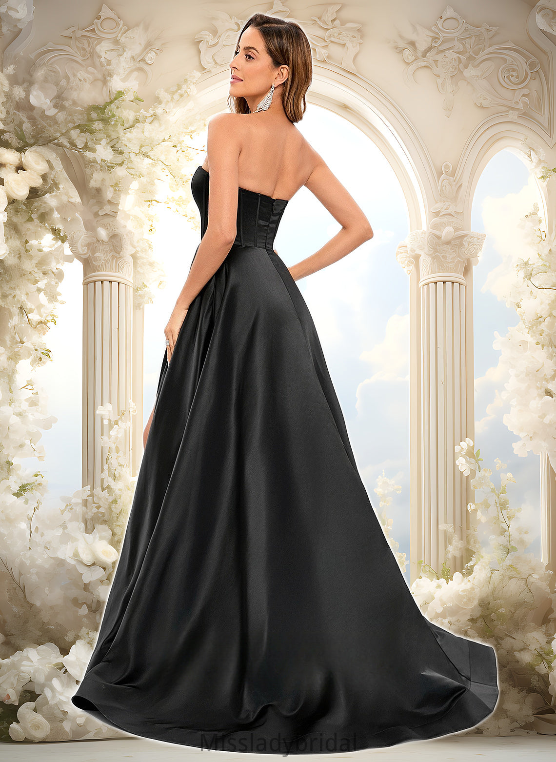 Nancy A-line V-Neck Sweep Train Satin Prom Dresses DHP0025842