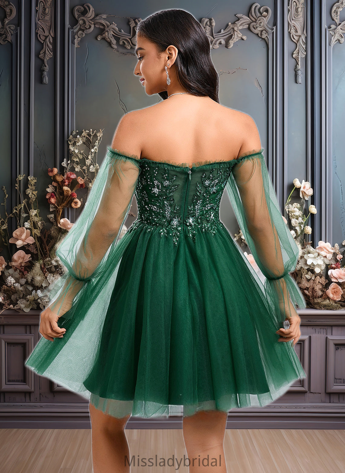 Kelsey A-line Off the Shoulder Short Tulle Homecoming Dress With Sequins Appliques Lace DHP0025663