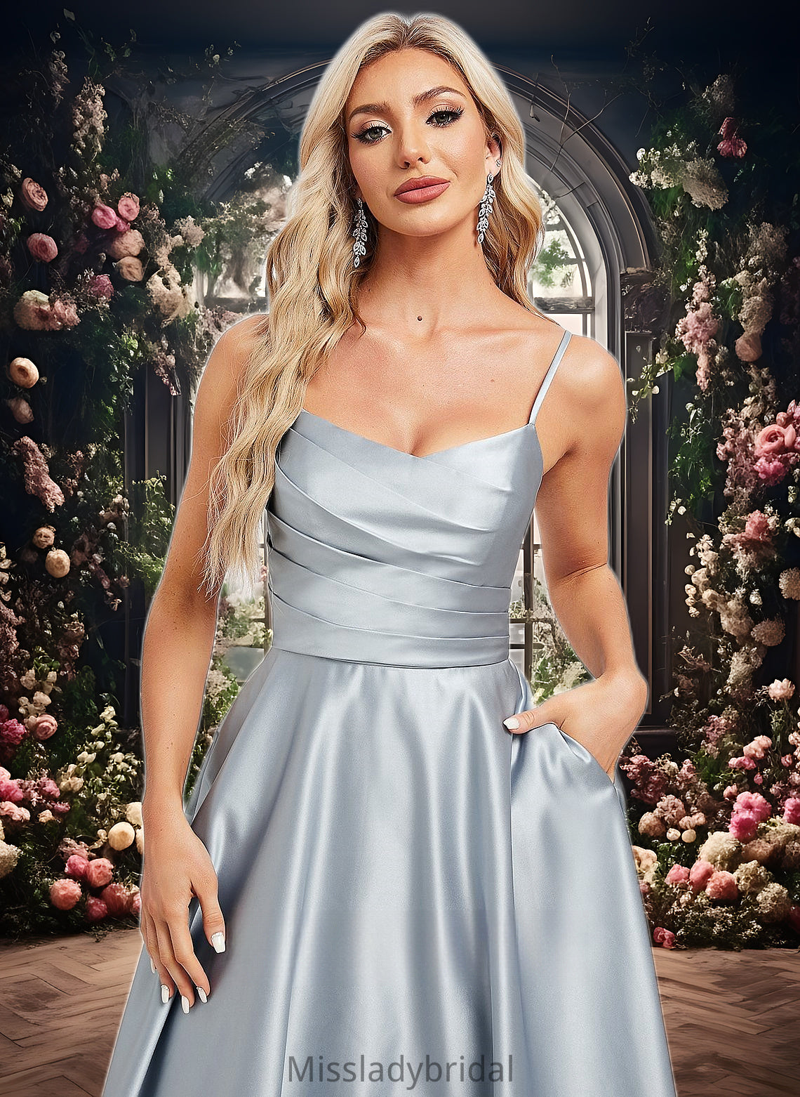 Baylee A-line V-Neck Tea-Length Satin Bridesmaid Dress DHP0025794