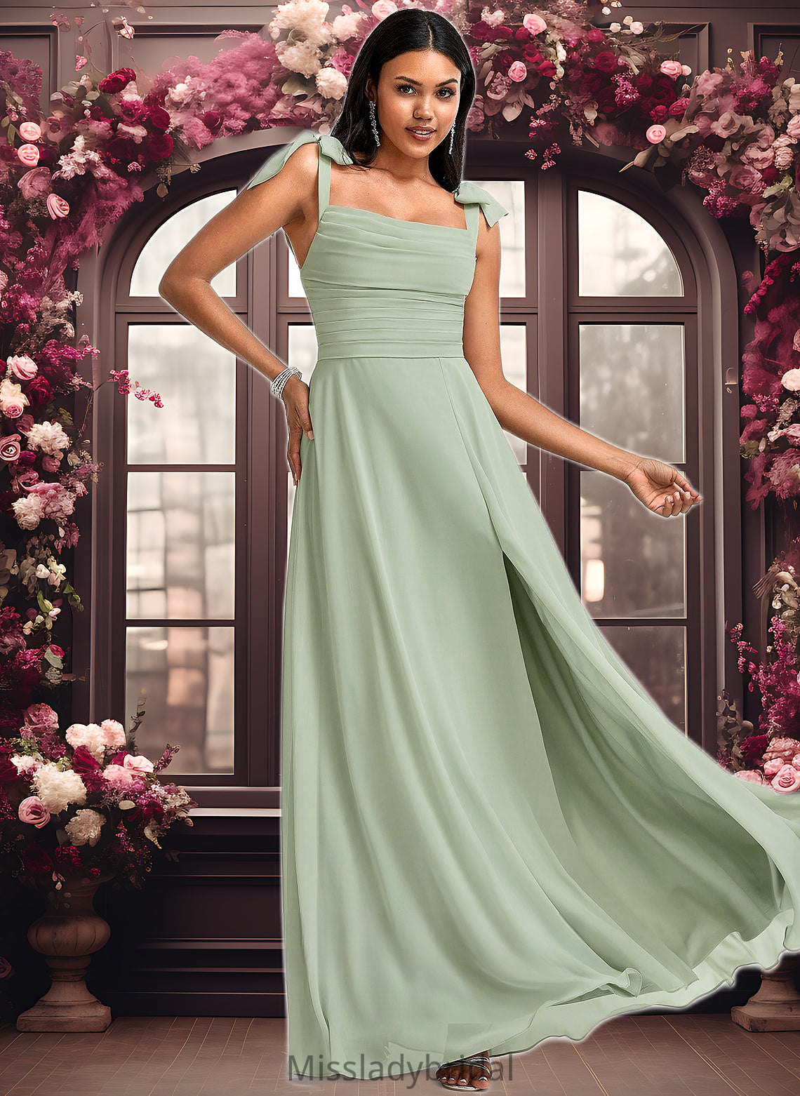 Avah A-line Cowl Floor-Length Chiffon Bridesmaid Dress With Bow DHP0025738